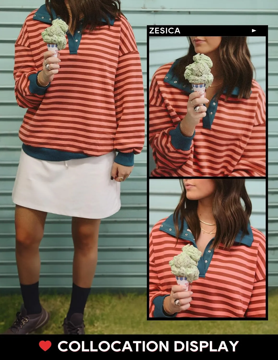 ZESICA Sweatshirts for Womens Long Sleeve Lapel V Neck Striped Oversized Tops
