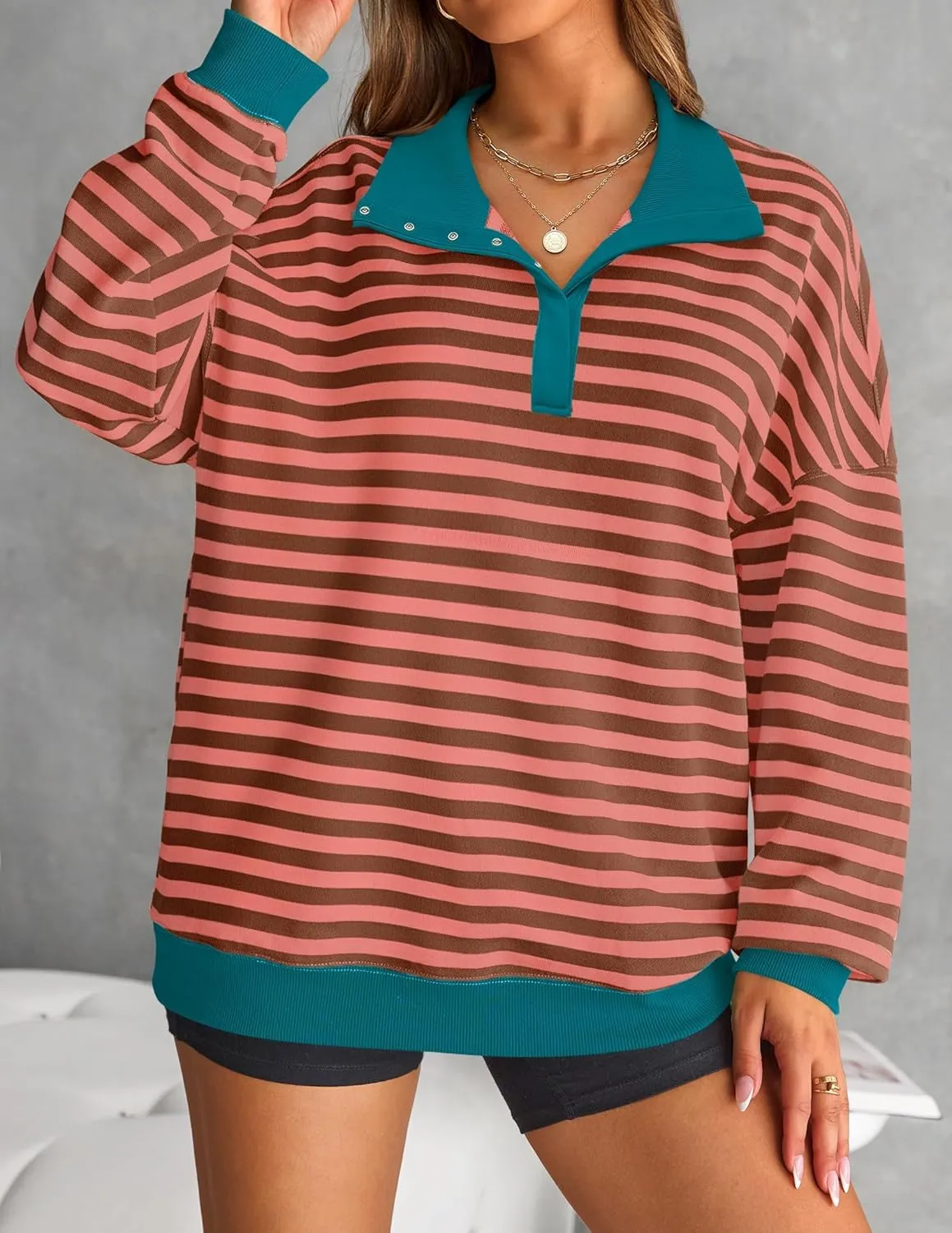 ZESICA Sweatshirts for Womens Long Sleeve Lapel V Neck Striped Oversized Tops
