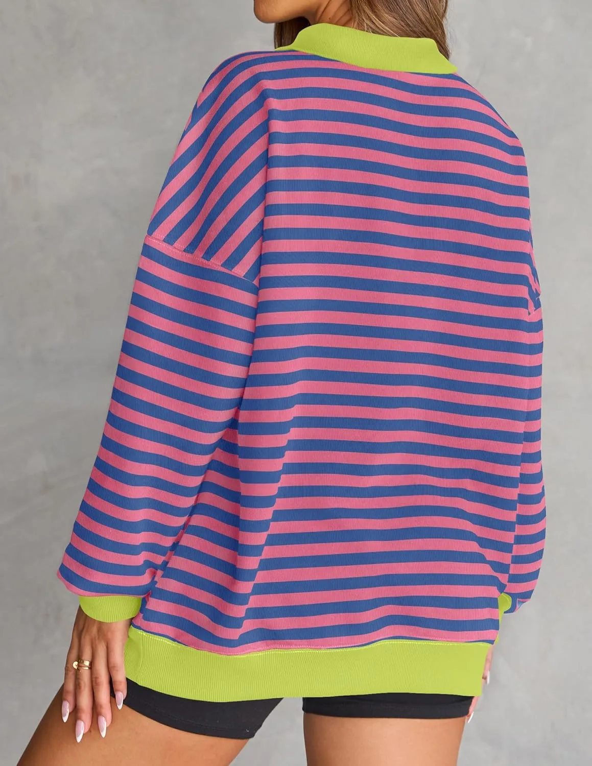 ZESICA Sweatshirts for Womens Long Sleeve Lapel V Neck Striped Oversized Tops