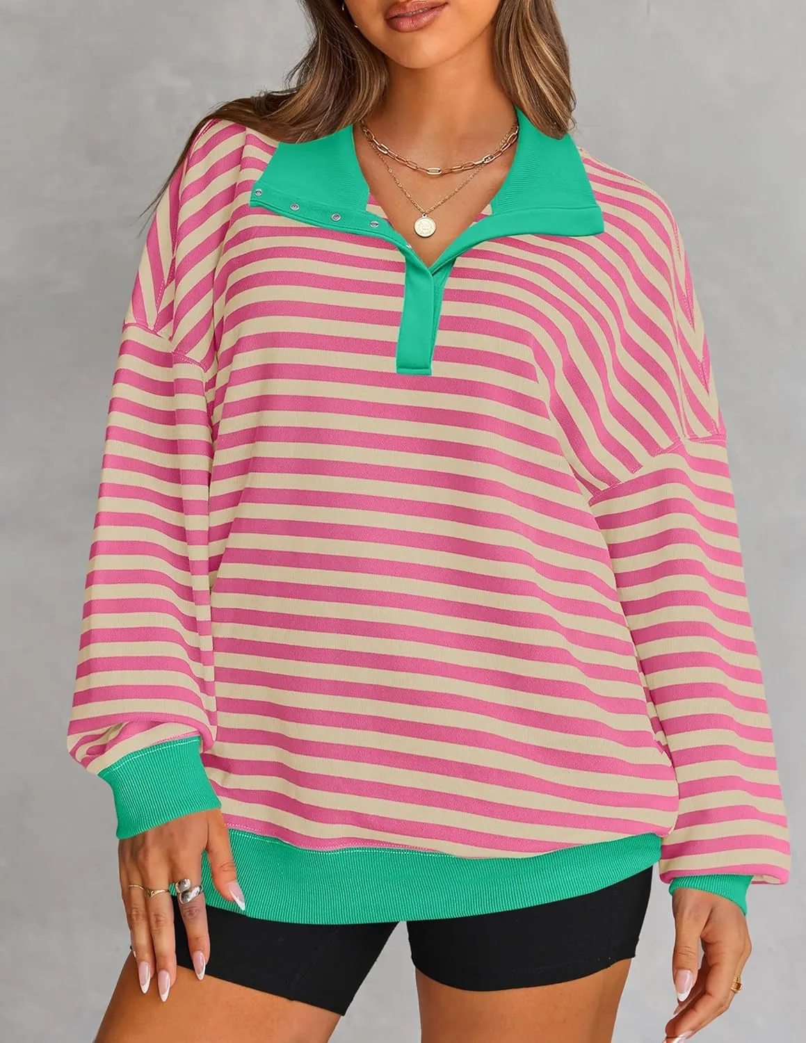 ZESICA Sweatshirts for Womens Long Sleeve Lapel V Neck Striped Oversized Tops