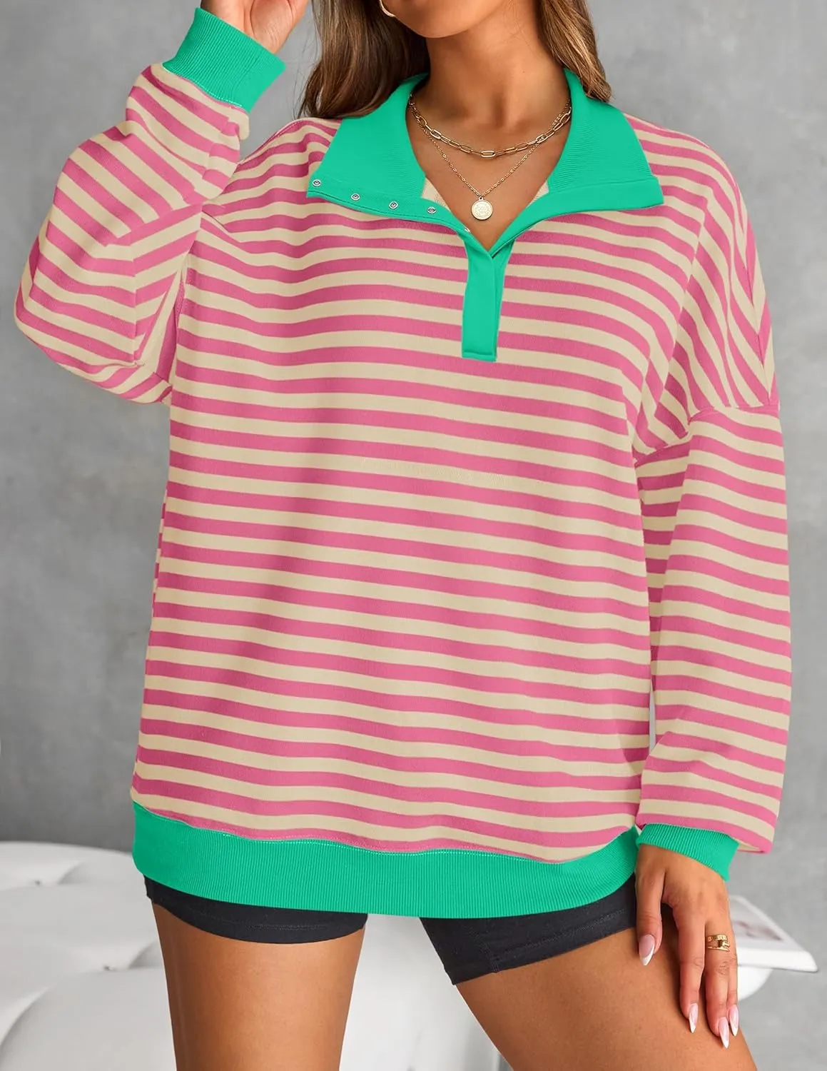ZESICA Sweatshirts for Womens Long Sleeve Lapel V Neck Striped Oversized Tops