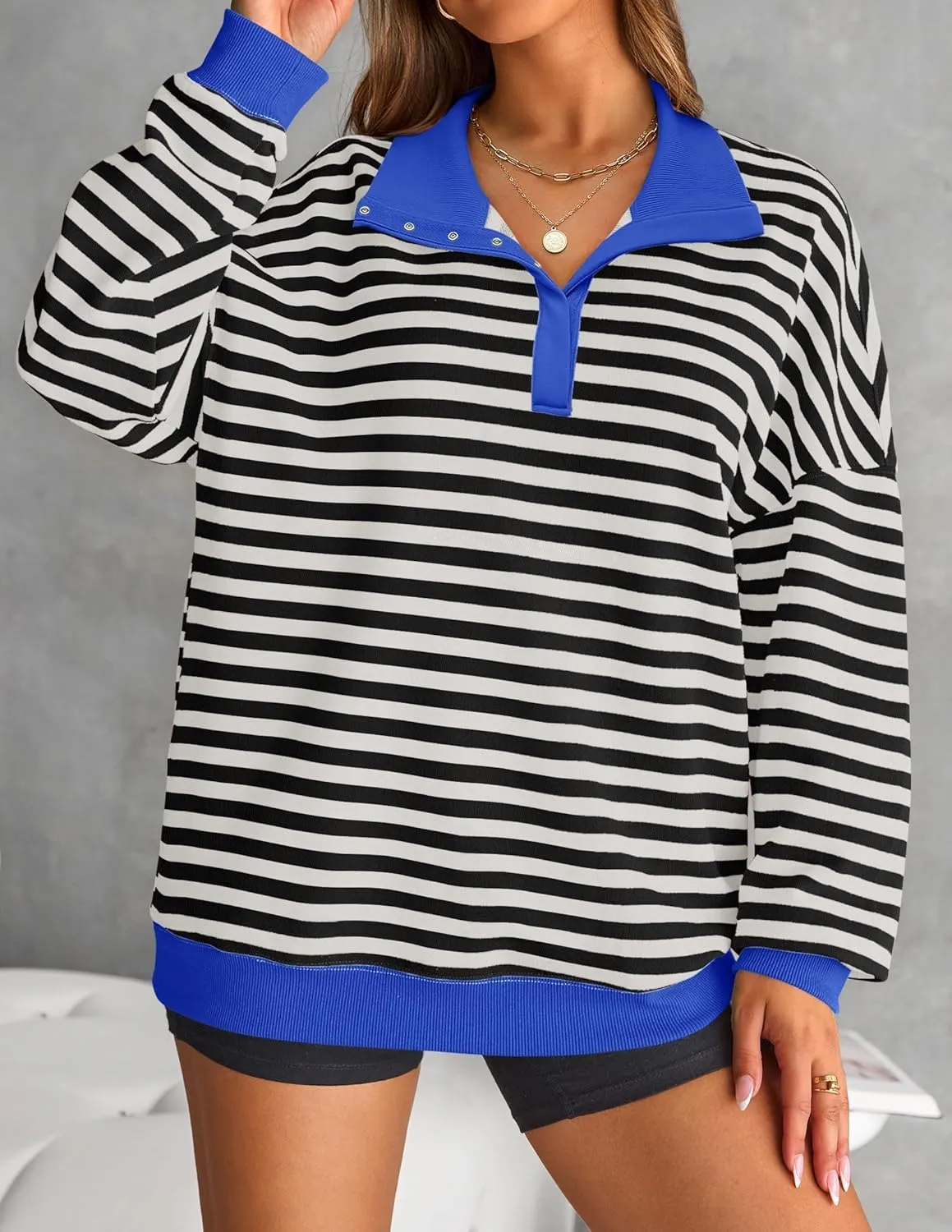 ZESICA Sweatshirts for Womens Long Sleeve Lapel V Neck Striped Oversized Tops