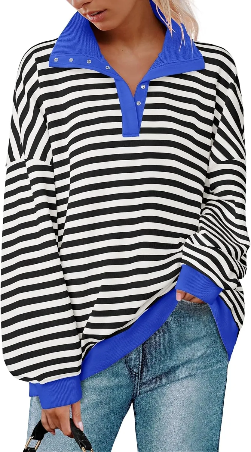 ZESICA Sweatshirts for Womens Long Sleeve Lapel V Neck Striped Oversized Tops