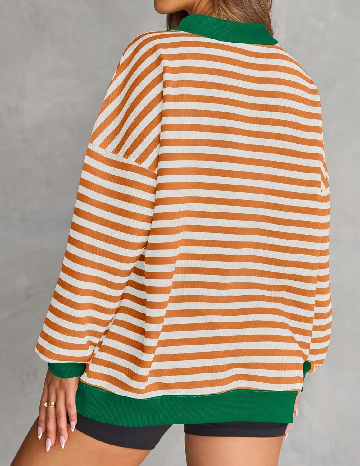 ZESICA Sweatshirts for Womens Long Sleeve Lapel V Neck Striped Oversized Tops