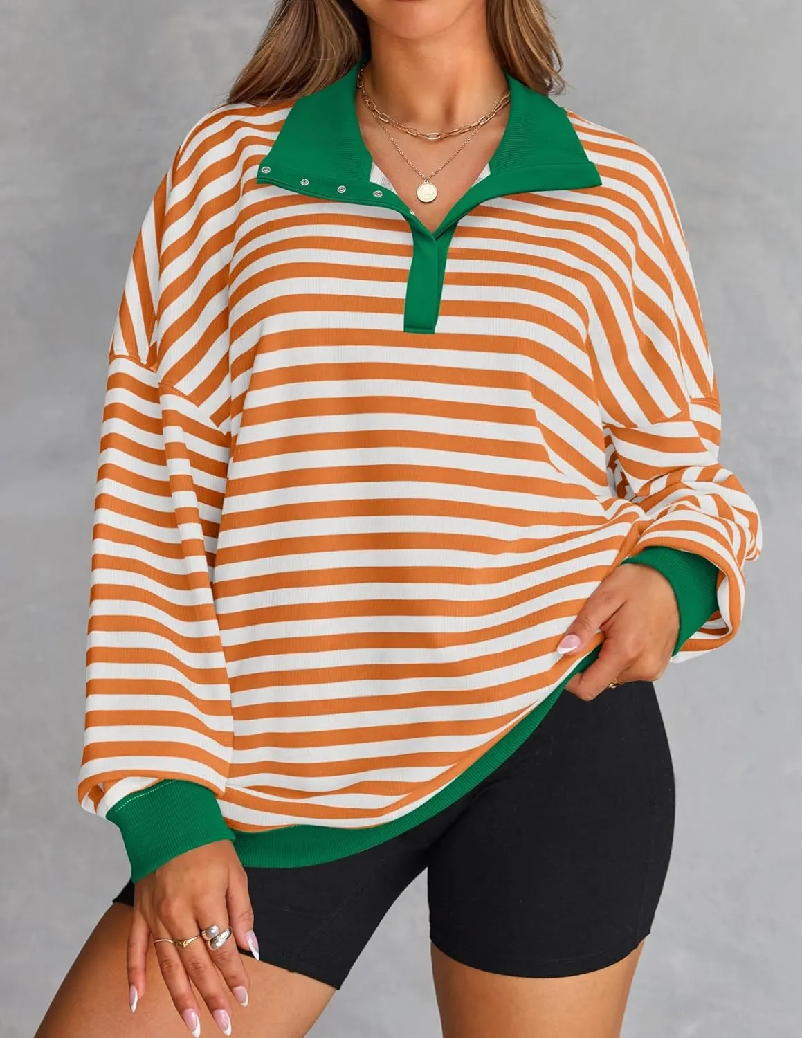 ZESICA Sweatshirts for Womens Long Sleeve Lapel V Neck Striped Oversized Tops