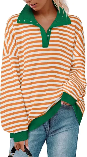 ZESICA Sweatshirts for Womens Long Sleeve Lapel V Neck Striped Oversized Tops