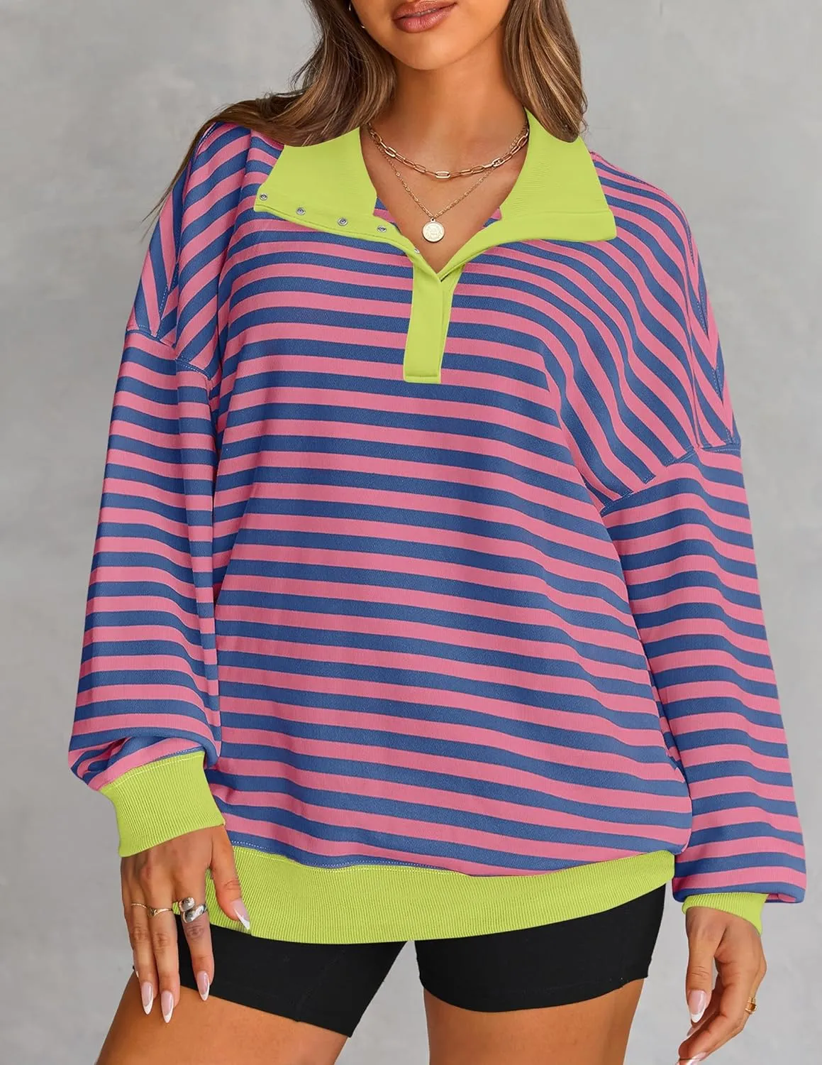 ZESICA Sweatshirts for Womens Long Sleeve Lapel V Neck Striped Oversized Tops