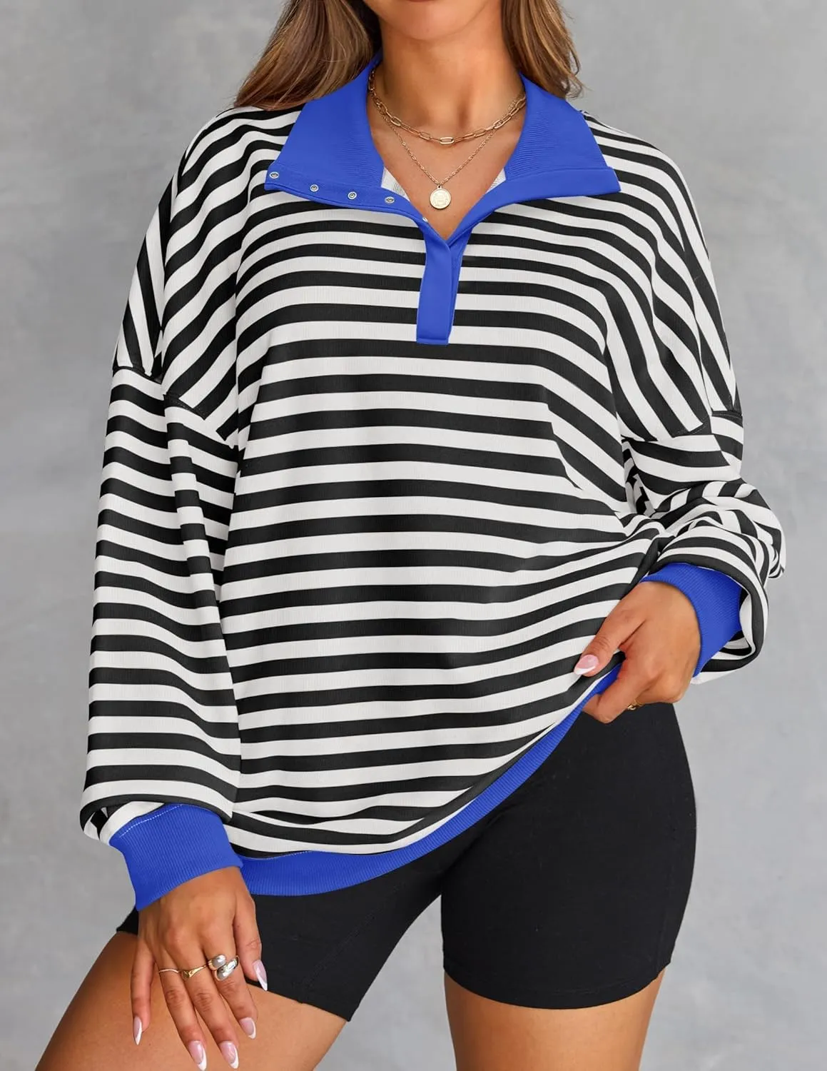 ZESICA Sweatshirts for Womens Long Sleeve Lapel V Neck Striped Oversized Tops