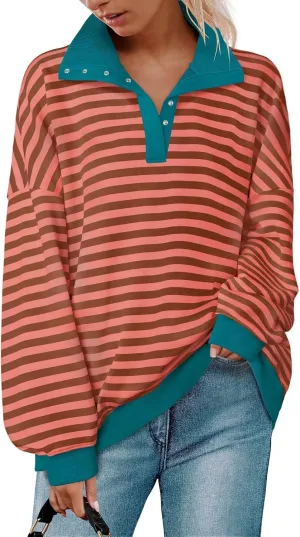 ZESICA Sweatshirts for Womens Long Sleeve Lapel V Neck Striped Oversized Tops