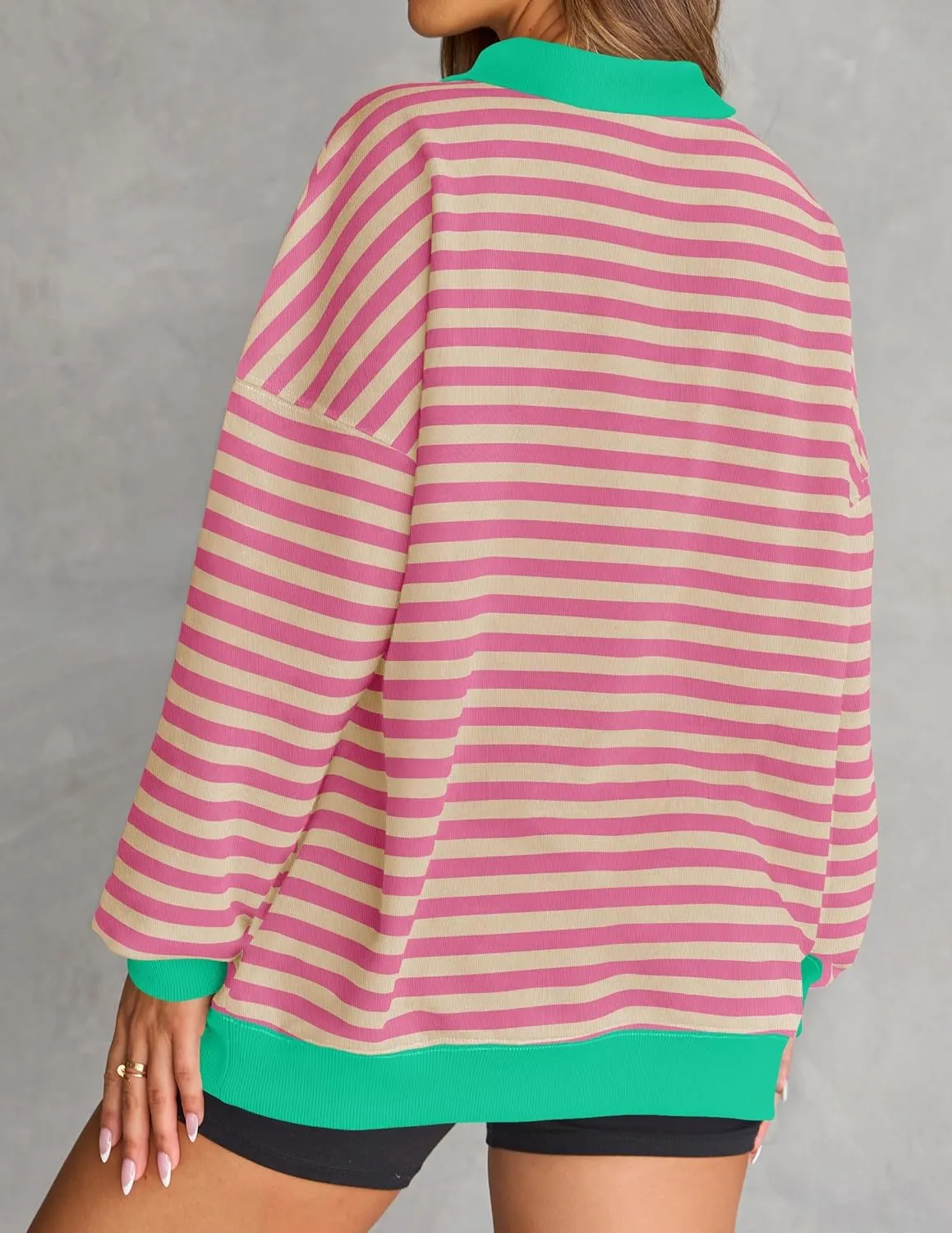 ZESICA Sweatshirts for Womens Long Sleeve Lapel V Neck Striped Oversized Tops