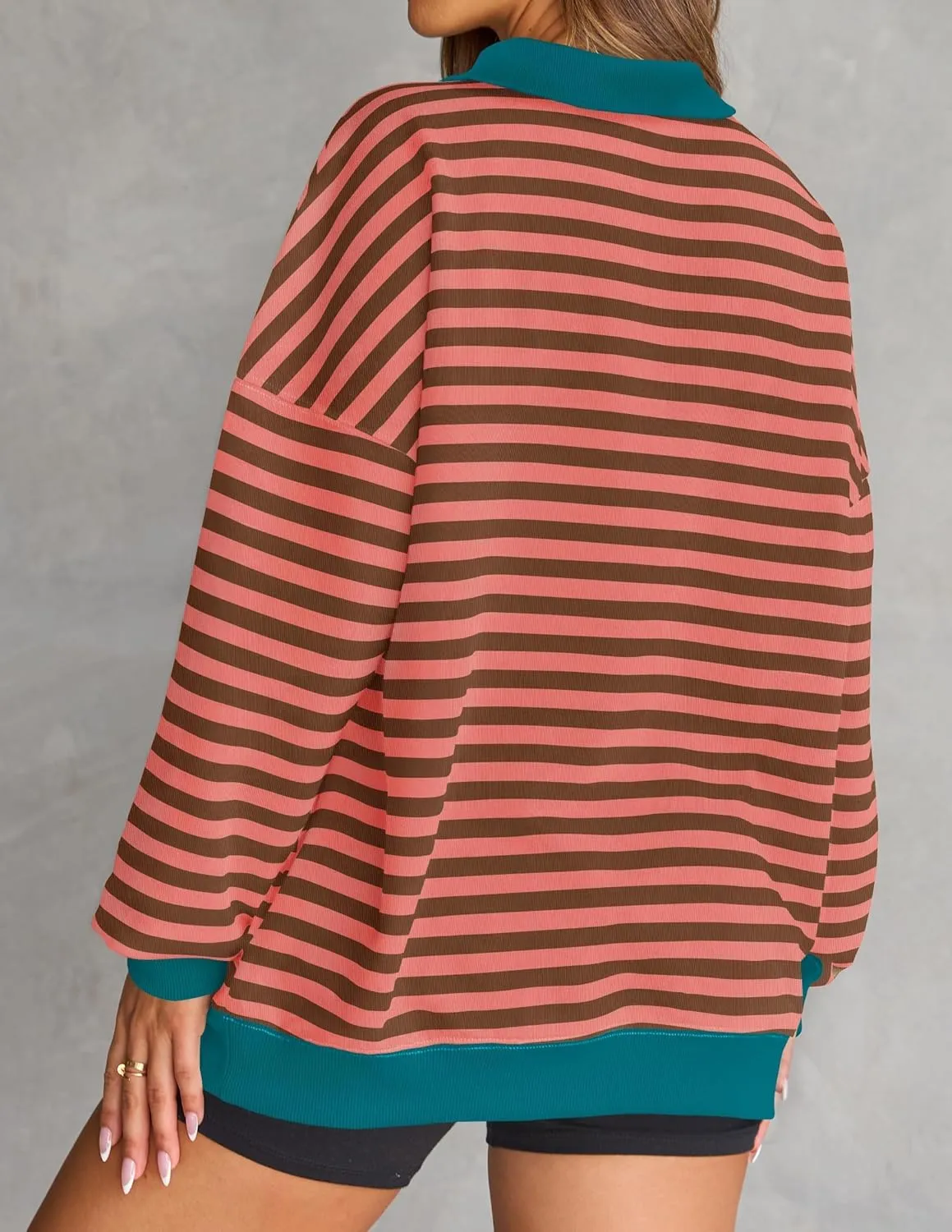 ZESICA Sweatshirts for Womens Long Sleeve Lapel V Neck Striped Oversized Tops