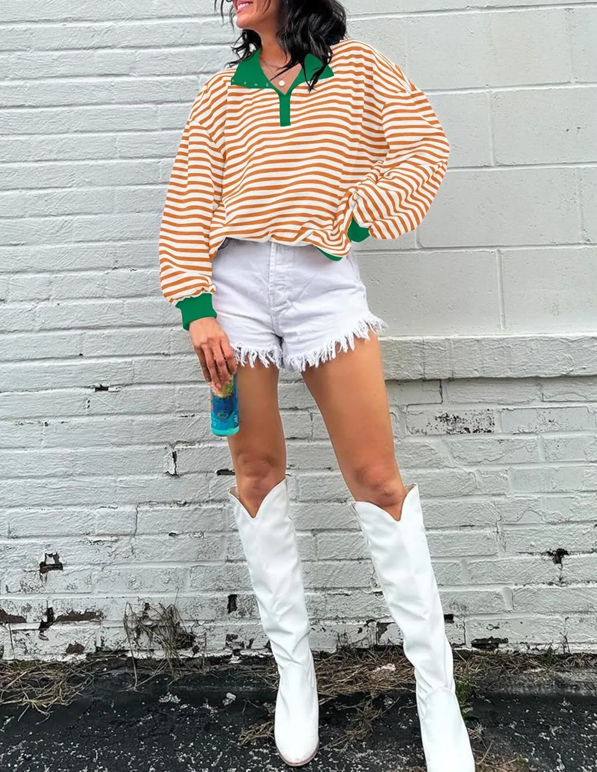 ZESICA Sweatshirts for Womens Long Sleeve Lapel V Neck Striped Oversized Tops
