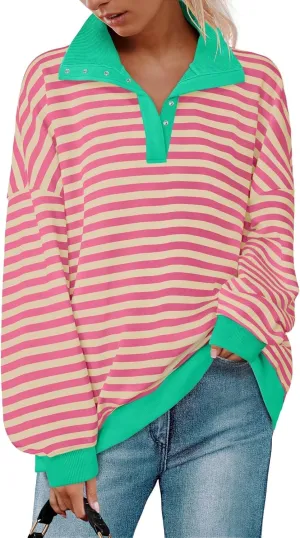 ZESICA Sweatshirts for Womens Long Sleeve Lapel V Neck Striped Oversized Tops