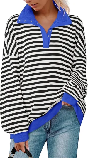 ZESICA Sweatshirts for Womens Long Sleeve Lapel V Neck Striped Oversized Tops